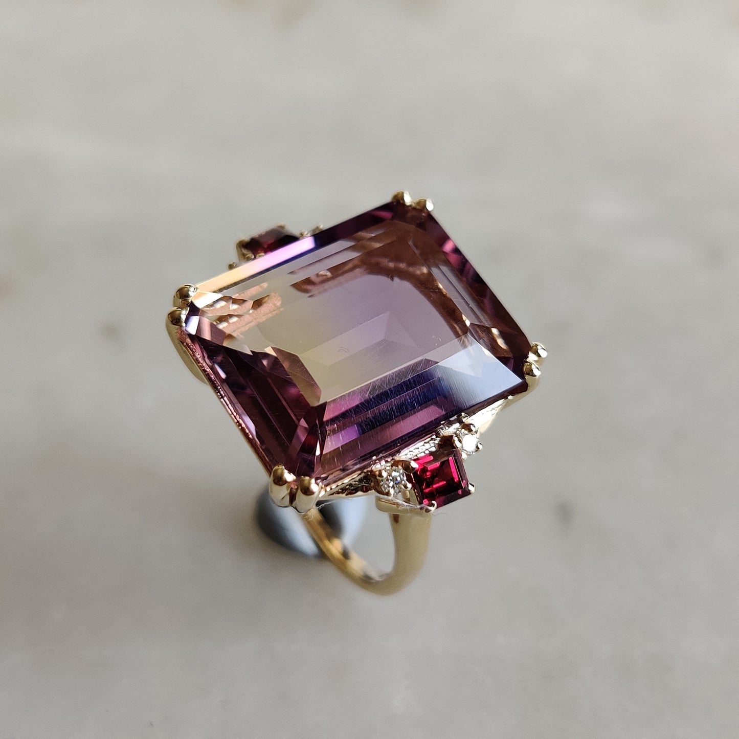 Natural Ametrine Ring, 14K Solid Gold Ametrine Diamond Ring, Ametrine With Diamond And Rodo Garnet Ring,  February and November Birthstone