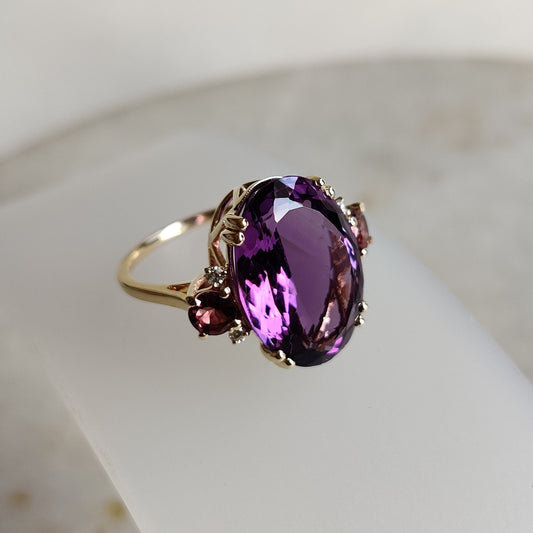 Natural Purple Amethyst & Pink Tourmaline and Diamond Ring, 14K Solid Yellow Gold Ring, Purple Amethyst Diamond Jewelry, Anniversary Gift