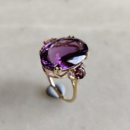 Natural Purple Amethyst & Pink Tourmaline and Diamond Ring, 14K Solid Yellow Gold Ring, Purple Amethyst Diamond Jewelry, Anniversary Gift