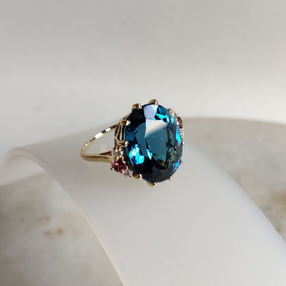 Natural London Blue Topaz & Diamond and Pink Tourmaline Ring, 14K Solid Yellow Gold Ring, Christmas Gift, Blue Topaz and Diamond Jewelry