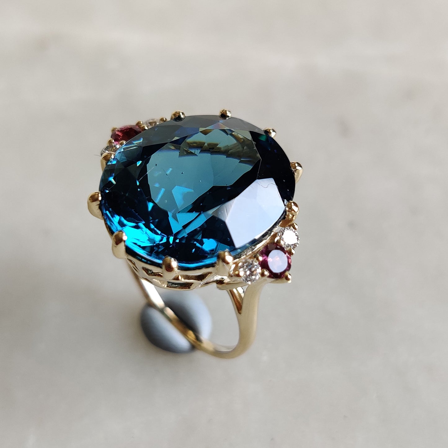 Natural London Blue Topaz & Diamond and Pink Tourmaline Ring, 14K Solid Yellow Gold Ring, Christmas Gift, Blue Topaz and Diamond Jewelry