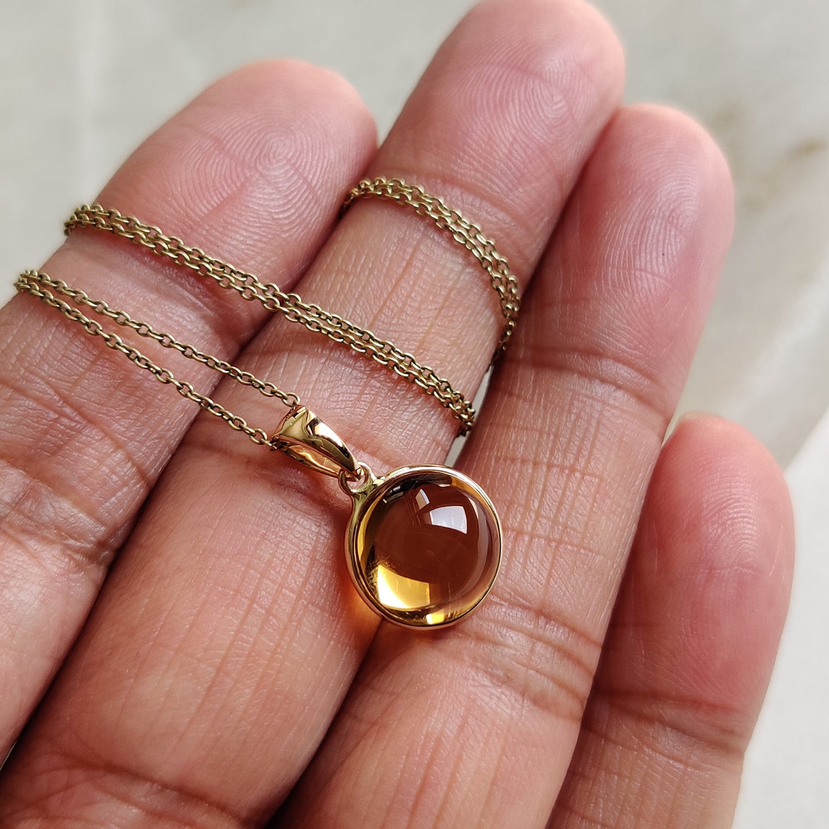14K Solid Gold Round Natural Citrine Pendant, November Birthstone Jewelry
