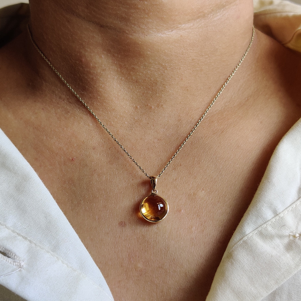 14K Solid Gold Round Natural Citrine Pendant, November Birthstone Jewelry