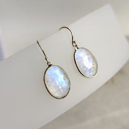 14K Gold Rainbow Moonstone Earrings, Natural Rainbow Moonstone Bezel Earring, 14K Solid Yellow Gold Earring, June Birthstone, Christmas Gift