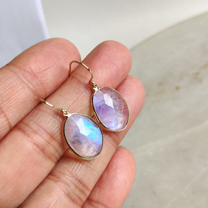 14K Gold Rainbow Moonstone Earrings, Natural Rainbow Moonstone Bezel Earring, 14K Solid Yellow Gold Earring, June Birthstone, Christmas Gift