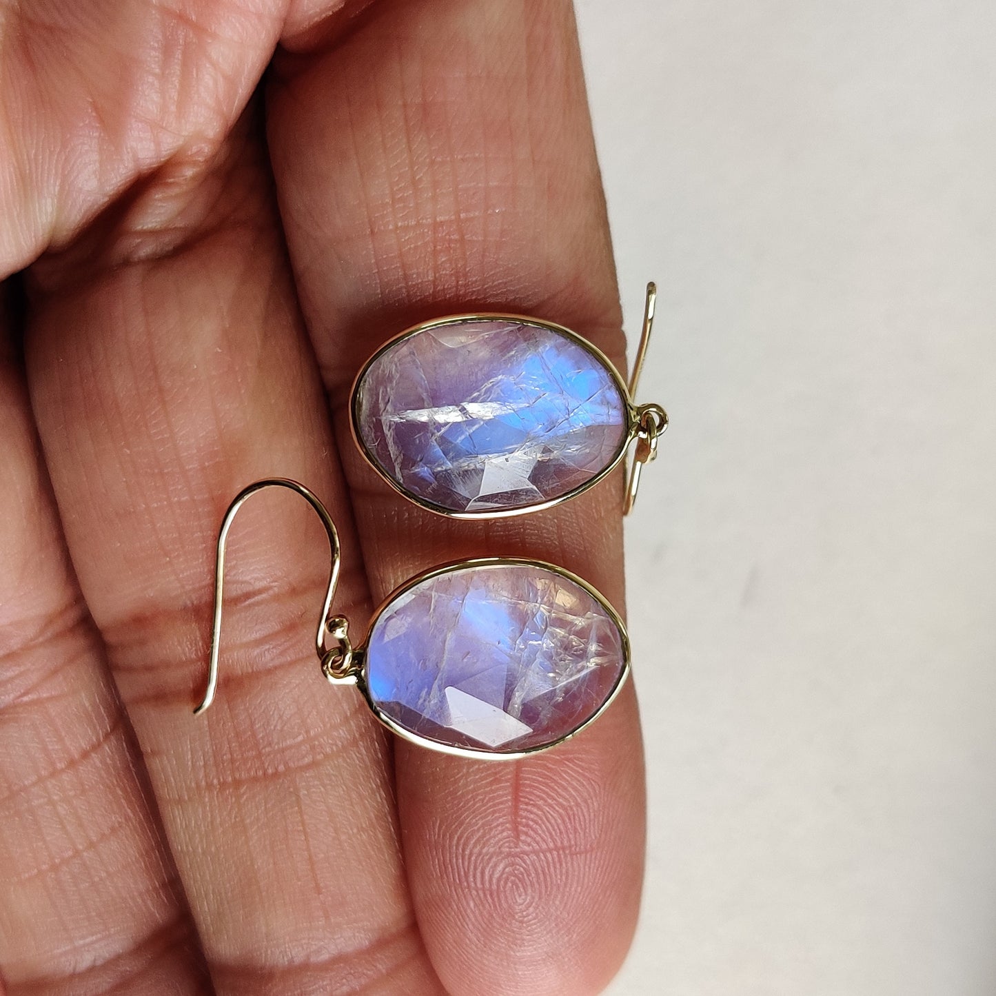 14K Gold Rainbow Moonstone Earrings, Natural Rainbow Moonstone Bezel Earring, 14K Solid Yellow Gold Earring, June Birthstone, Christmas Gift