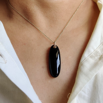 Natural Black Onyx Pendant, 14K Solid Yellow Gold Onyx Pendant, December Birthstone Pendant, Black Onyx Jewelry, Birthday Present