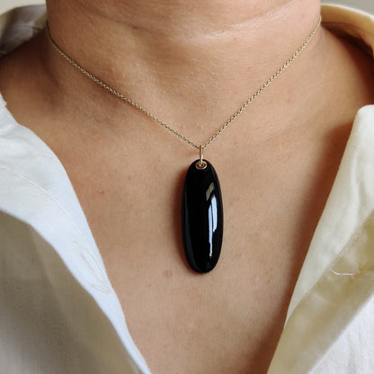 Natural Black Onyx Pendant, 14K Solid Yellow Gold Black Onyx Pendant, December Birthstone Pendant, Christmas Present, Onyx Jewelry