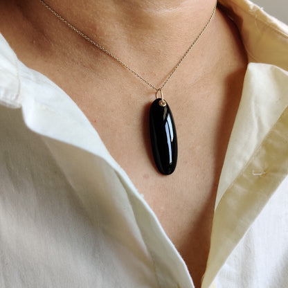 Natural Black Onyx Pendant, 14K Solid Yellow Gold Black Onyx Pendant, December Birthstone Pendant, Christmas Present, Onyx Jewelry