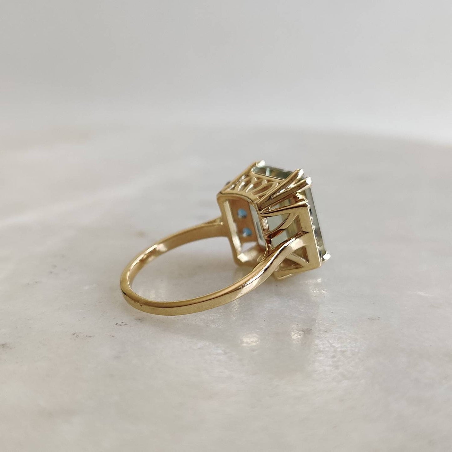 Natural Green Amethyst and London Blue Topaz Ring, 14K Solid Yellow Gold Ring, November Birthstone, Green Amethyst Jewelry, Christmas Gift