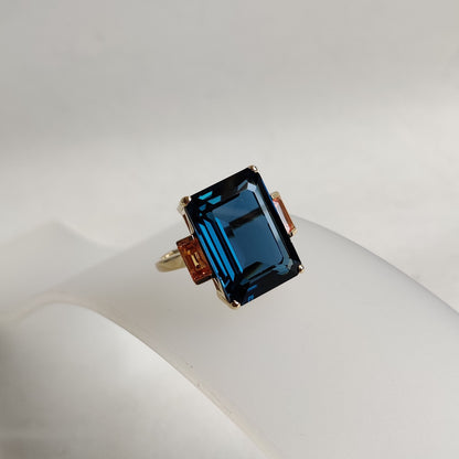 Natural London Blue Topaz Ring, 14K Solid Gold Blue Topaz Orange Sapphire Ring, Engagement Ring, Sapphire Topaz Jewelry, Christmas Gift