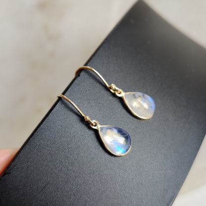 14K Gold Rainbow Moonstone Earrings, Natural Rainbow Moonstone Bezel Earring, 14K Solid Yellow Gold Earring, June Birthstone, Christmas Gift