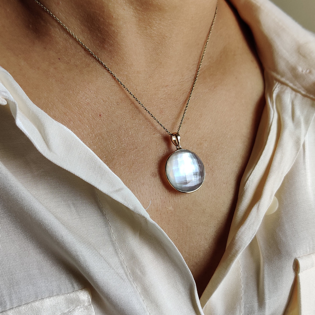 14K Solid Gold Natural Mother of Pearl Doublet Pendant , Round Briolette Quartz