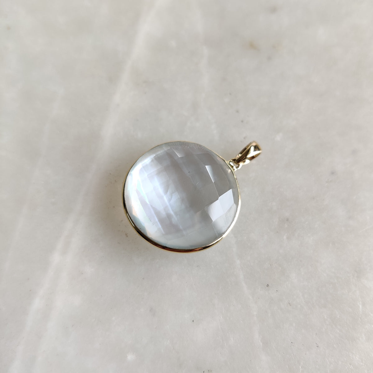 14K Solid Gold Natural Mother of Pearl Doublet Pendant , Round Briolette Quartz