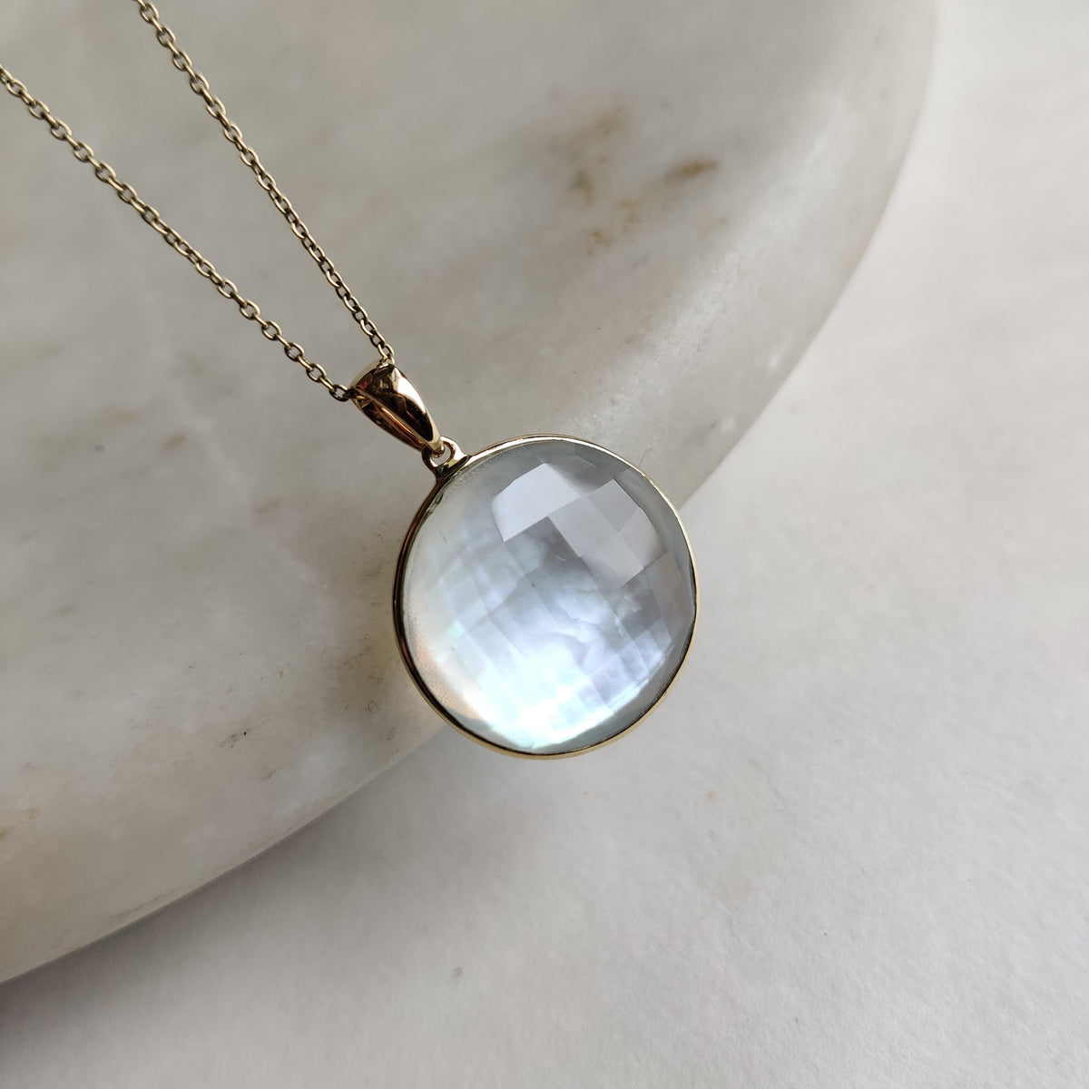 14K Solid Gold Natural Mother of Pearl Doublet Pendant , Round Briolette Quartz
