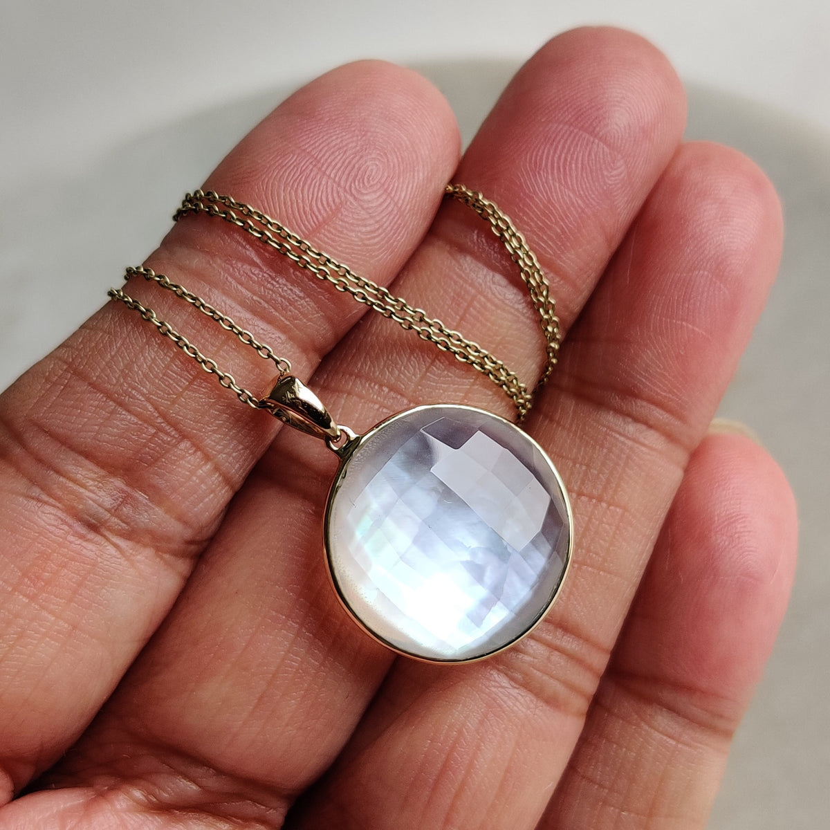 14K Solid Gold Natural Mother of Pearl Doublet Pendant , Round Briolette Quartz