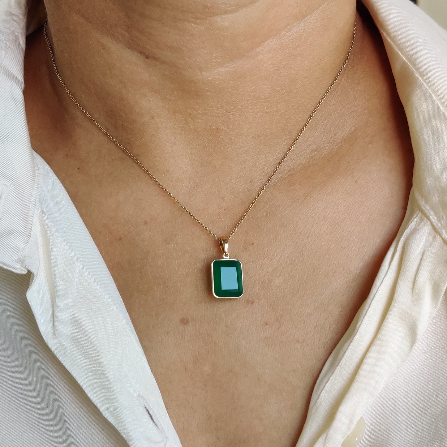 14K Gold Green Onyx Pendant, Natural Green Onyx Bezel Necklace, 14K Solid Yellow Gold Pendant, May Birthstone, Christmas Gift, Onyx Jewelry