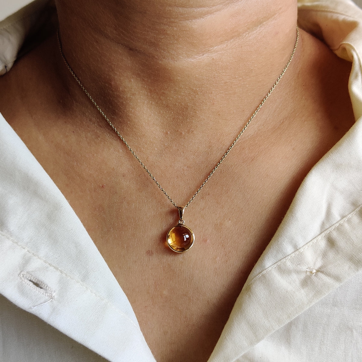 14K Solid Gold Round Natural Citrine Pendant, November Birthstone Jewelry
