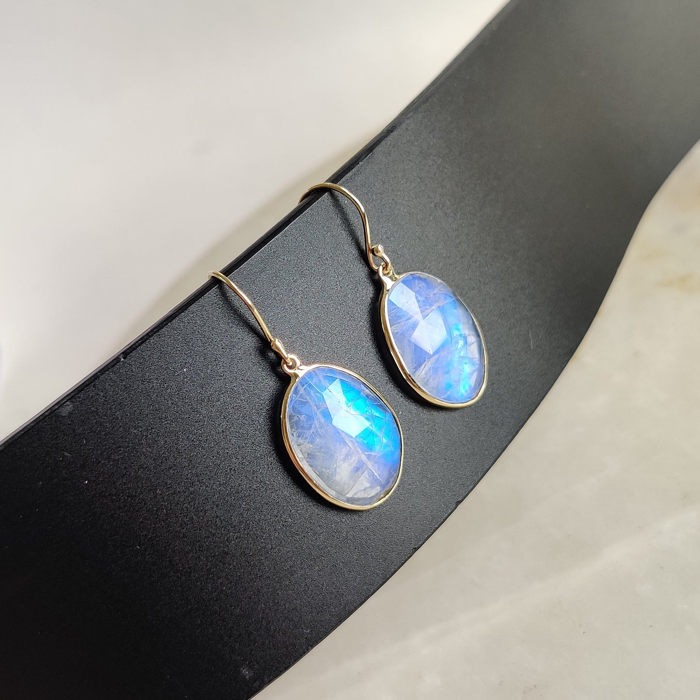 14K Gold Rainbow Moonstone Earrings, Natural Rainbow Moonstone Bezel Earring, 14K Solid Yellow Gold Earring, June Birthstone, Christmas Gift