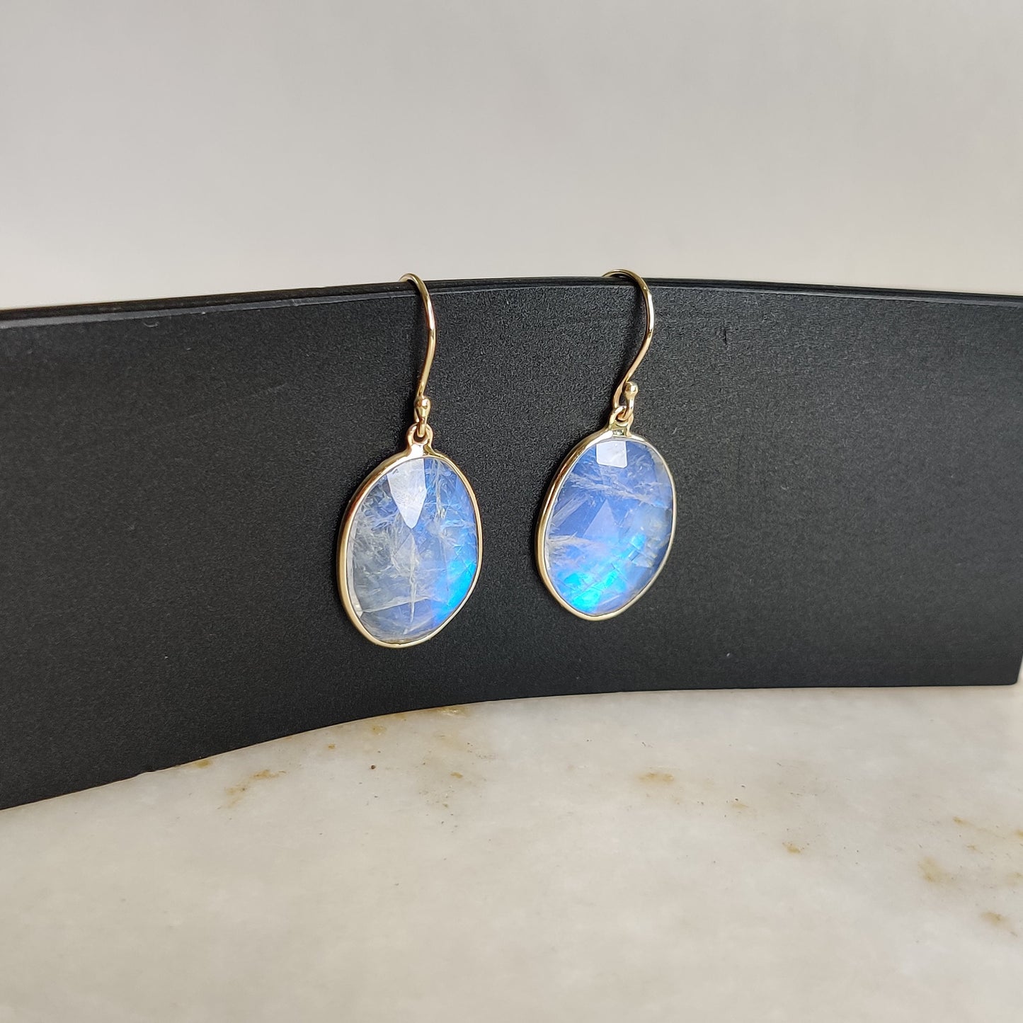 14K Gold Rainbow Moonstone Earrings, Natural Rainbow Moonstone Bezel Earring, 14K Solid Yellow Gold Earring, June Birthstone, Christmas Gift