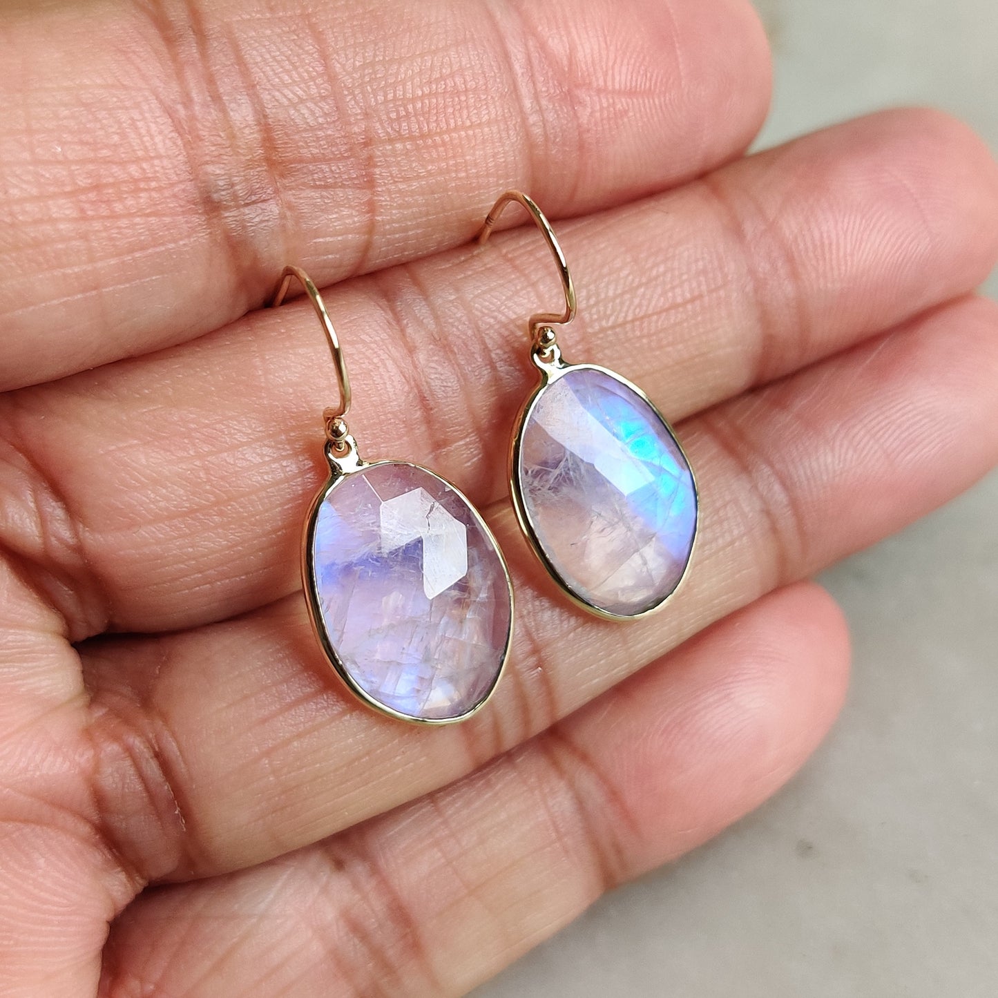 14K Gold Rainbow Moonstone Earrings, Natural Rainbow Moonstone Bezel Earring, 14K Solid Yellow Gold Earring, June Birthstone, Christmas Gift