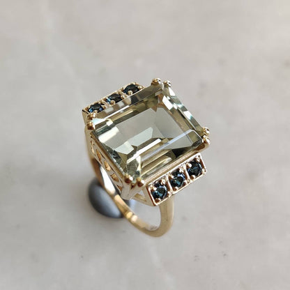 Natural Green Amethyst and London Blue Topaz Ring, 14K Solid Yellow Gold Ring, November Birthstone, Green Amethyst Jewelry, Christmas Gift