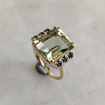 Natural Green Amethyst and London Blue Topaz Ring, 14K Solid Yellow Gold Ring, November Birthstone, Green Amethyst Jewelry, Christmas Gift