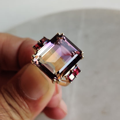 Natural Ametrine Garnet Ring, 14K Solid Gold Ametrine Ring, Ametrine Rhodolite Garnet Ring,  February November Birthstone, Ametrine Jewelry