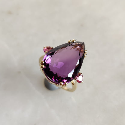 Natural Purple Amethyst & Pink Tourmaline Ring, 14K Solid Yellow Gold Ring, Amethyst Jewelry, Tourmaline Jewelry, February Birthstone