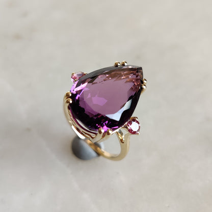 Natural Purple Amethyst & Pink Tourmaline Ring, 14K Solid Yellow Gold Ring, Amethyst Jewelry, Tourmaline Jewelry, February Birthstone