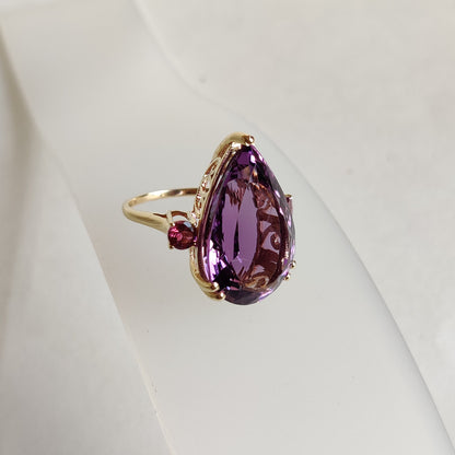 Natural Amethyst & Pink Tourmaline Ring, 14K Solid Yellow Gold Ring, Purple Amethyst Tourmaline Jewelry, February Birthstone, Christmas Gift