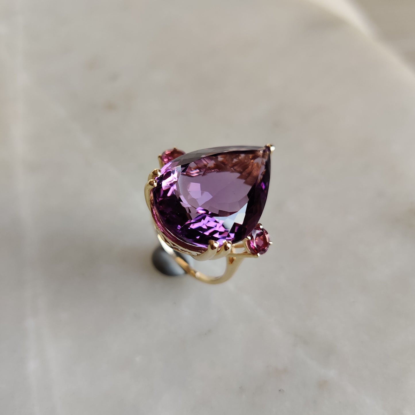 Natural Amethyst & Pink Tourmaline Ring, 14K Solid Yellow Gold Ring, Purple Amethyst Tourmaline Jewelry, February Birthstone, Christmas Gift