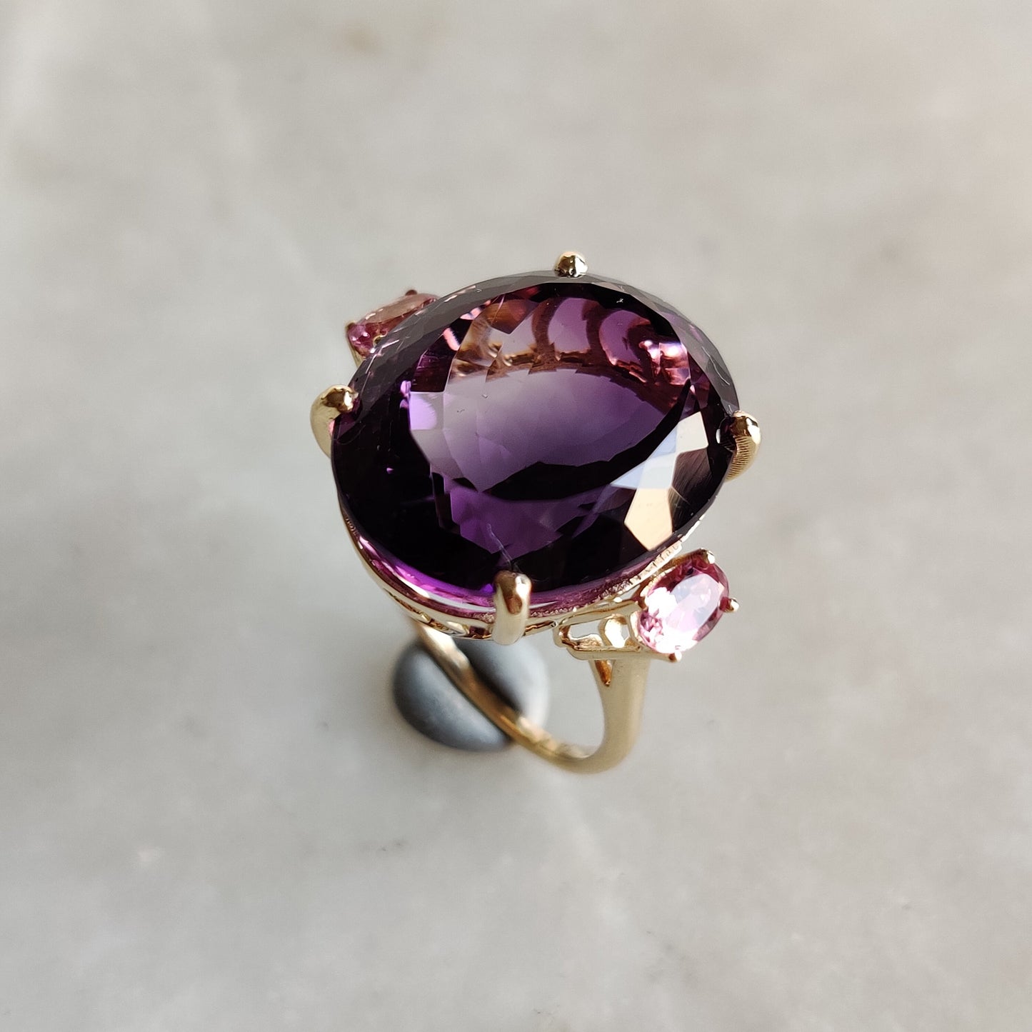 Natural Purple Amethyst & Pink Tourmaline Ring, 14K Solid Yellow Gold Ring, Amethyst Tourmaline Jewelry, February Birthstone Ring