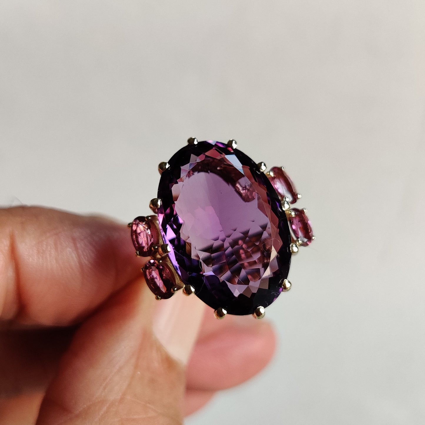 Natural Purple Amethyst & Pink Tourmaline Ring, 14K Solid Yellow Gold Ring, Purple Amethyst Jewelry, Cocktail Ring, Christmas Present