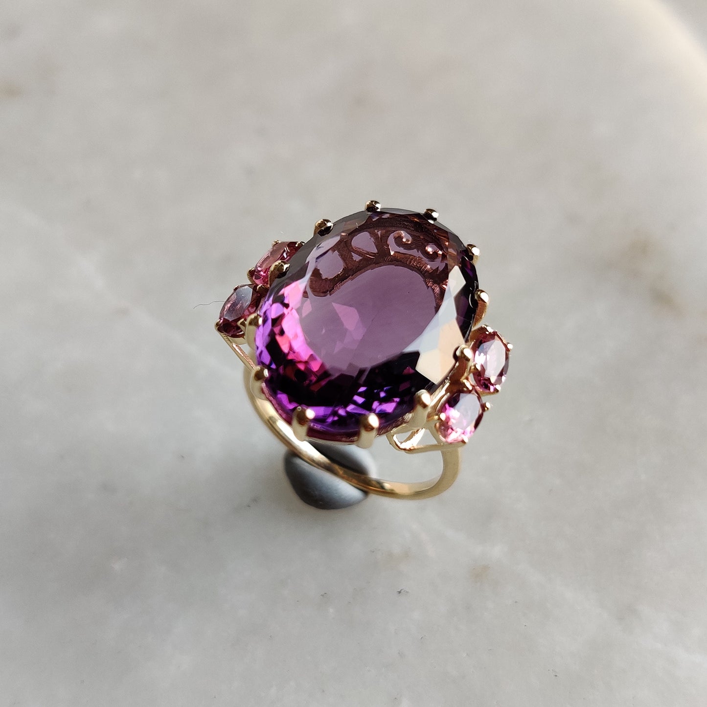 Natural Purple Amethyst & Pink Tourmaline Ring, 14K Solid Yellow Gold Ring, Purple Amethyst Jewelry, Cocktail Ring, Christmas Present