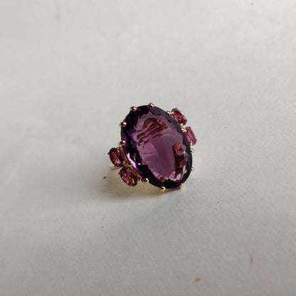 Natural Purple Amethyst & Pink Tourmaline Ring, 14K Solid Yellow Gold Ring, Purple Amethyst Jewelry, Cocktail Ring, Christmas Present