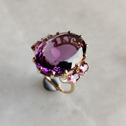 Natural Purple Amethyst & Pink Tourmaline Ring, 14K Solid Yellow Gold Ring, Purple Amethyst Jewelry, Cocktail Ring, Christmas Present