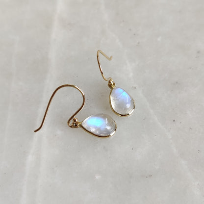 14K Gold Rainbow Moonstone Earrings, Natural Rainbow Moonstone Bezel Earring, 14K Solid Yellow Gold Earring, June Birthstone, Christmas Gift