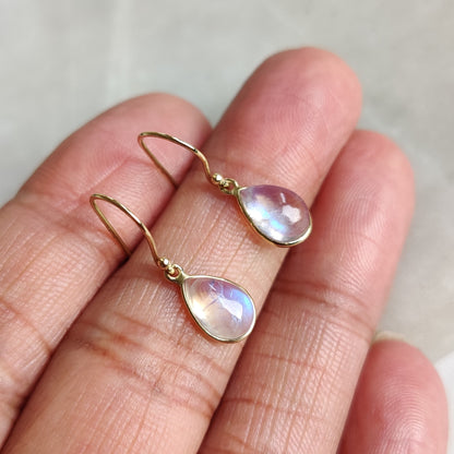 14K Gold Rainbow Moonstone Earrings, Natural Rainbow Moonstone Bezel Earring, 14K Solid Yellow Gold Earring, June Birthstone, Christmas Gift