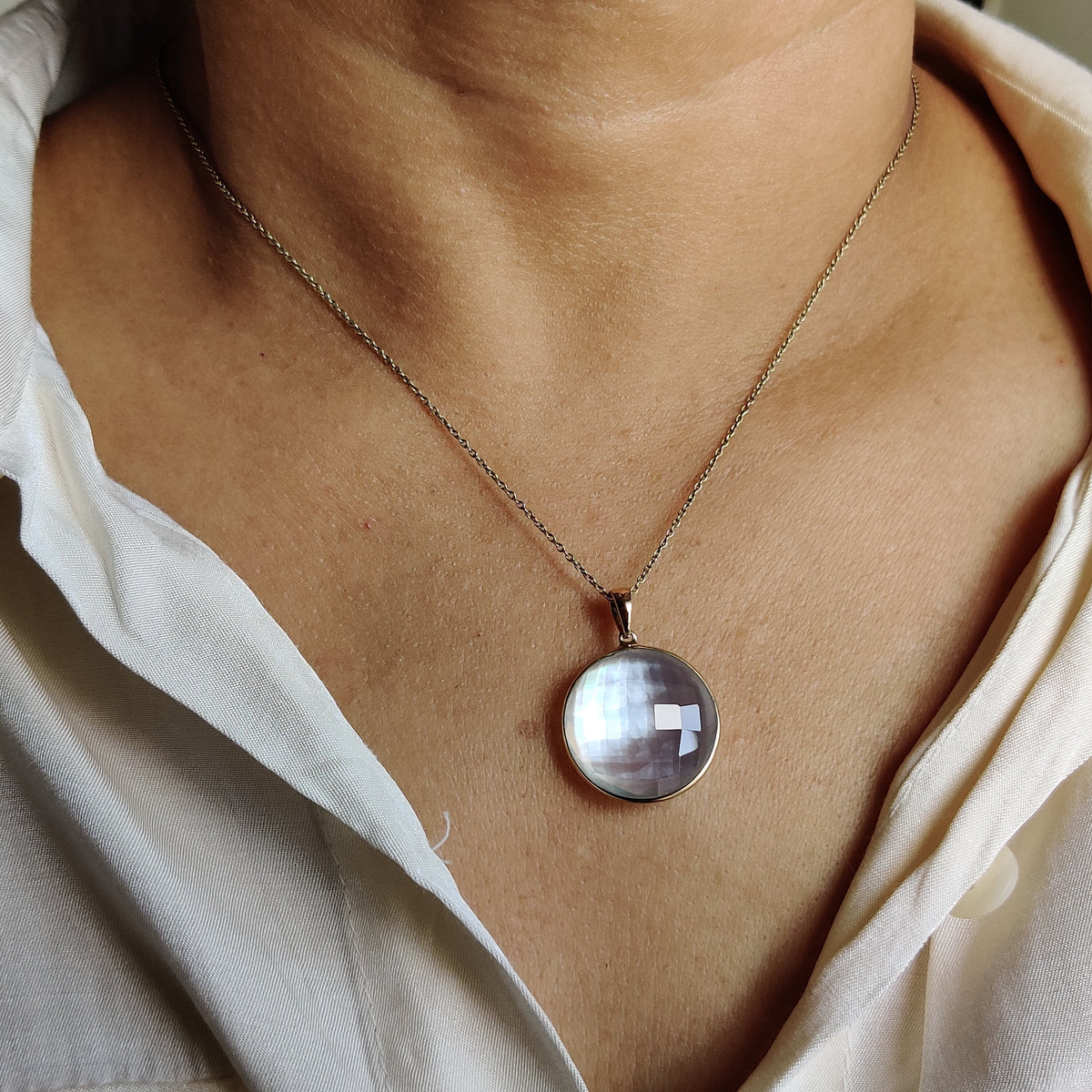 14K Solid Gold Natural Mother of Pearl Doublet Pendant , Round Briolette Quartz