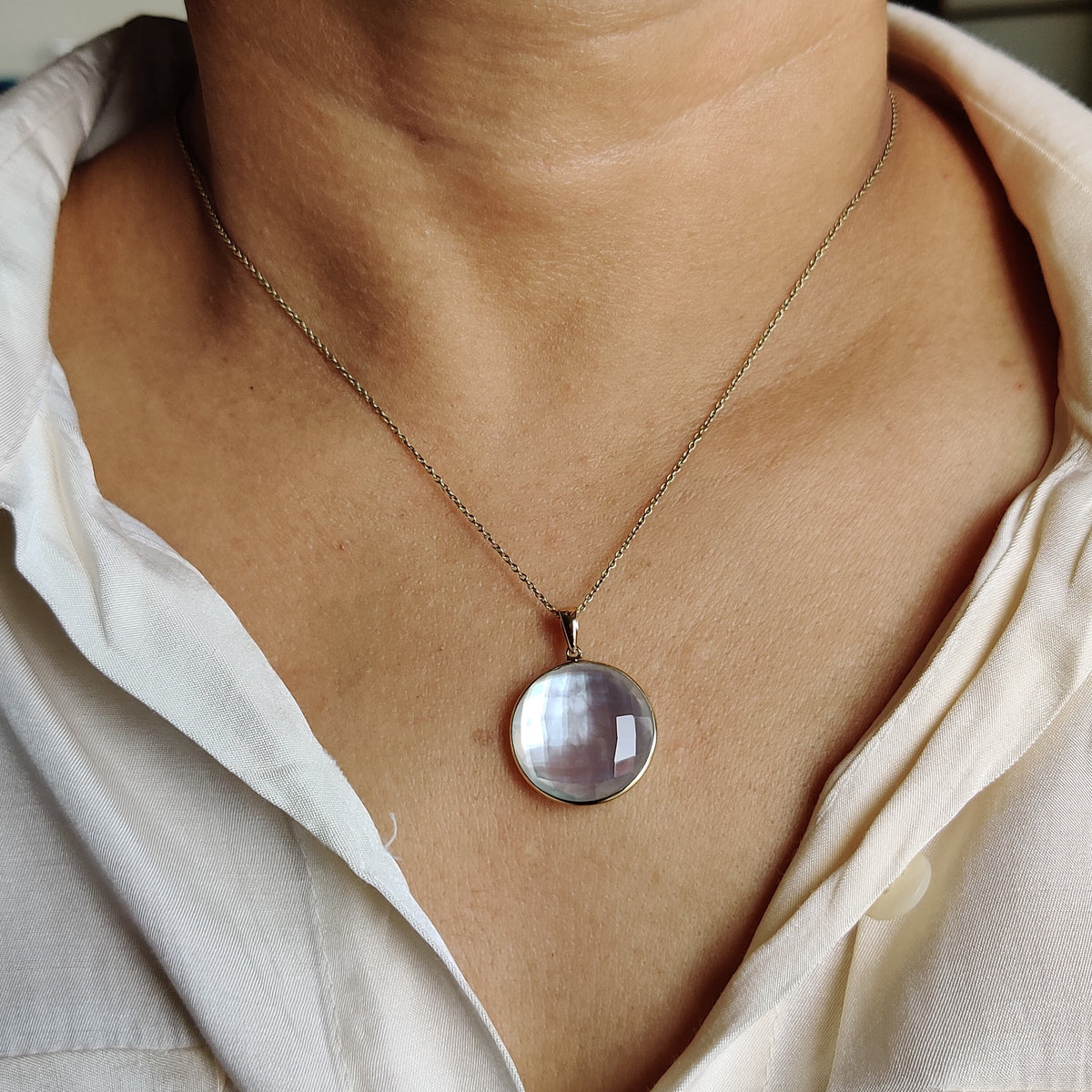14K Solid Gold Natural Mother of Pearl Doublet Pendant , Round Briolette Quartz