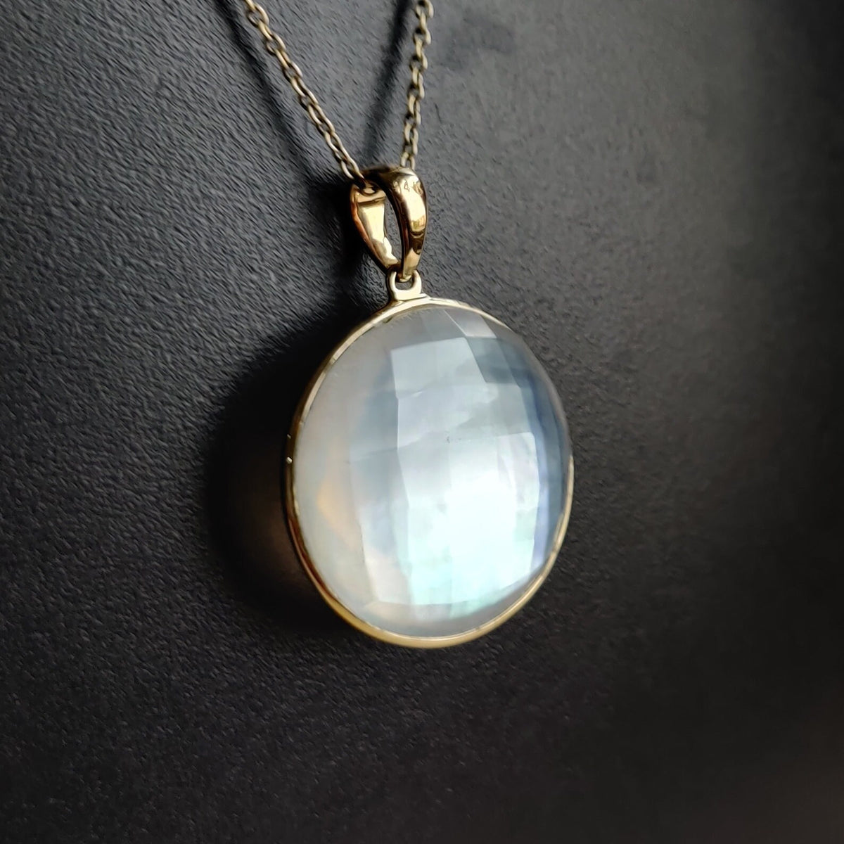 14K Solid Gold Natural Mother of Pearl Doublet Pendant , Round Briolette Quartz