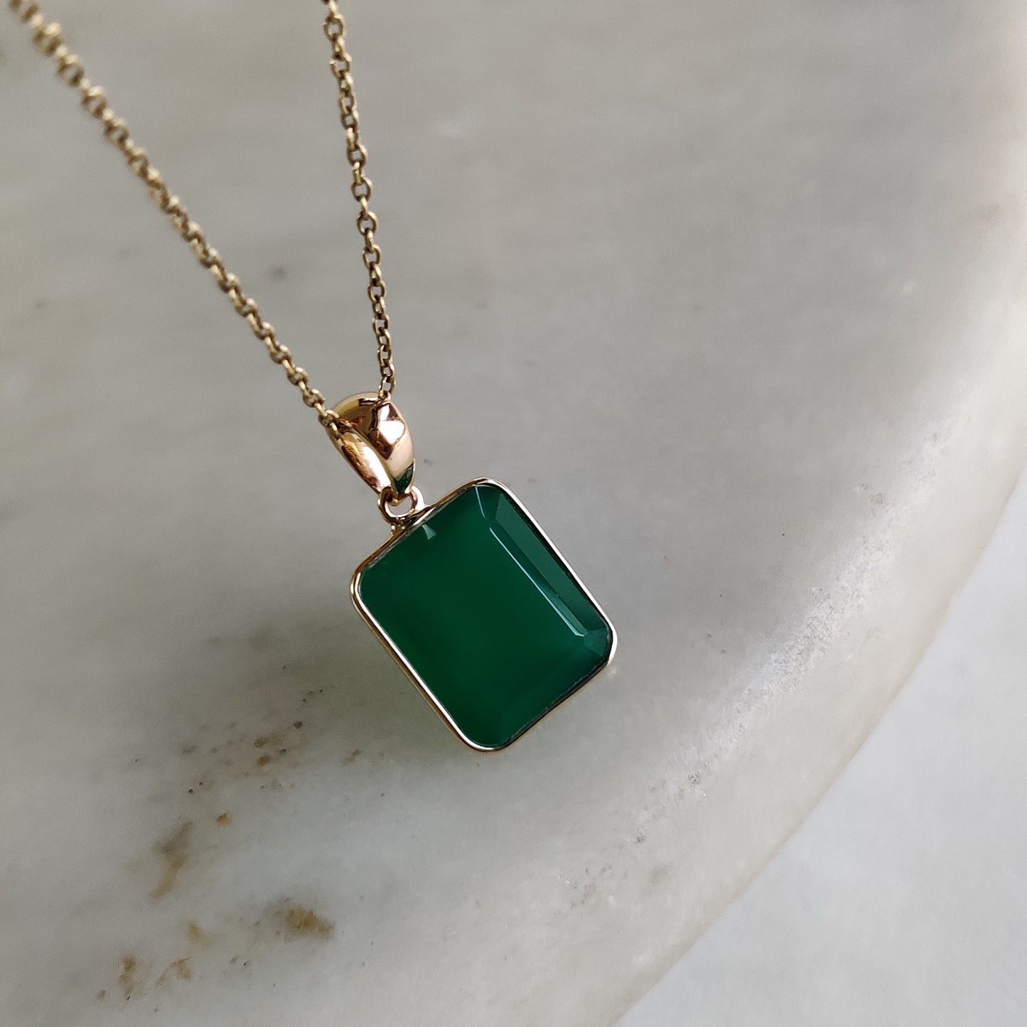 14K Gold Green Onyx Pendant, Natural Green Onyx Bezel Necklace, 14K Solid Yellow Gold Pendant, May Birthstone, Christmas Gift, Onyx Jewelry