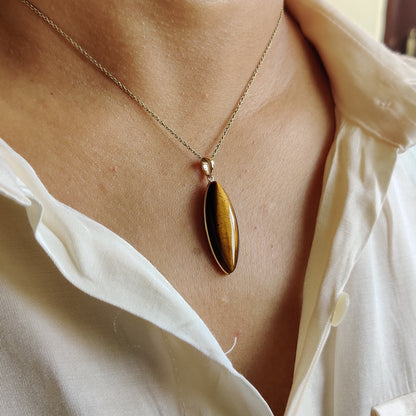 Natural Tiger Eye Pendant, 14K Solid Gold Tiger Eye Pendant, Solid Gold Bezel Pendant, June Birthstone, Christmas Gift, Tiger Eye Jewelry