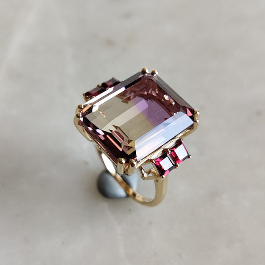 Natural Ametrine Garnet Ring, 14K Solid Gold Ametrine Ring, Ametrine Rhodolite Garnet Ring,  February November Birthstone, Ametrine Jewelry