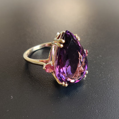 Natural Purple Amethyst & Pink Tourmaline Ring, 14K Solid Yellow Gold Ring, Amethyst Jewelry, Tourmaline Jewelry, February Birthstone