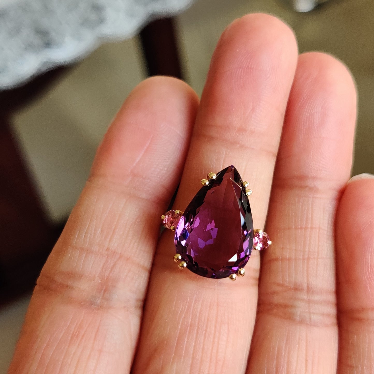 Natural Purple Amethyst & Pink Tourmaline Ring, 14K Solid Yellow Gold Ring, Amethyst Jewelry, Tourmaline Jewelry, February Birthstone