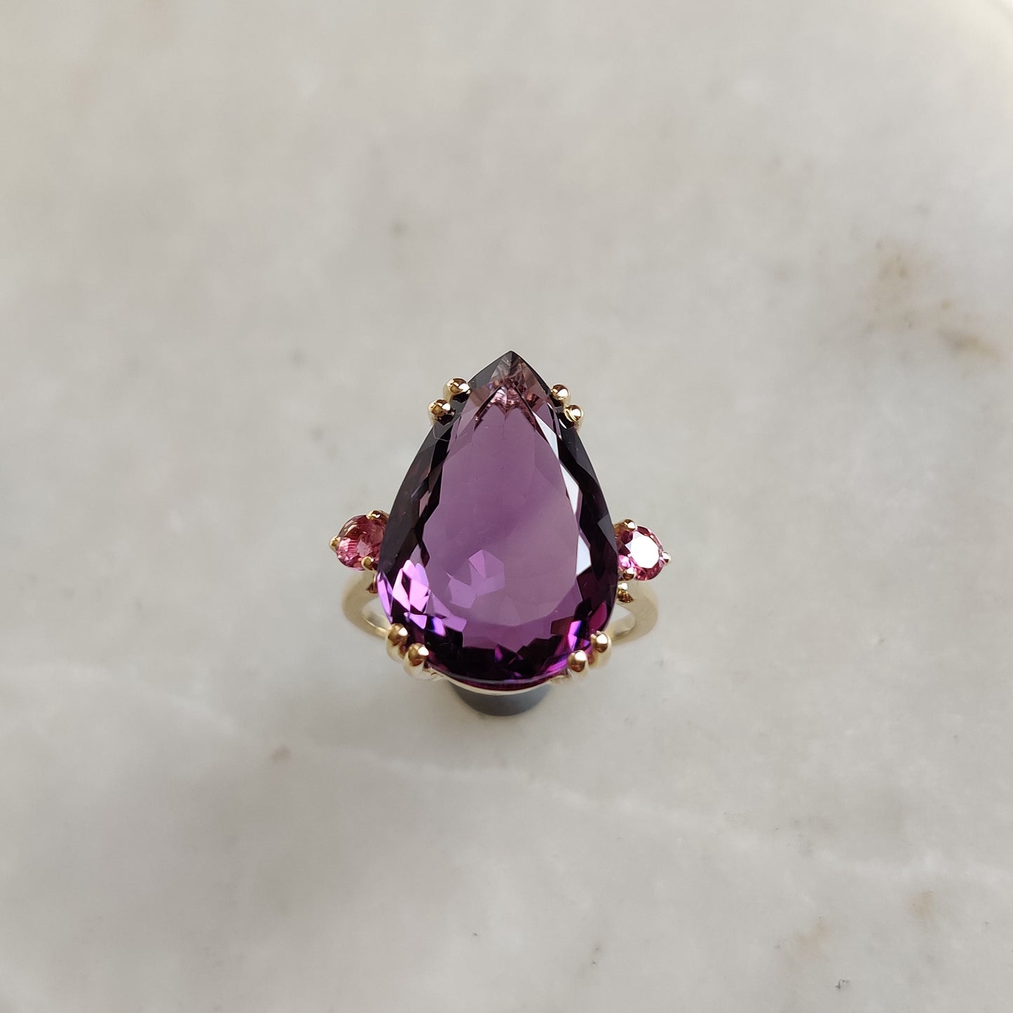 Natural Purple Amethyst & Pink Tourmaline Ring, 14K Solid Yellow Gold Ring, Amethyst Jewelry, Tourmaline Jewelry, February Birthstone