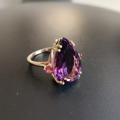 Natural Purple Amethyst & Pink Tourmaline Ring, 14K Solid Yellow Gold Ring, Amethyst Jewelry, Tourmaline Jewelry, February Birthstone