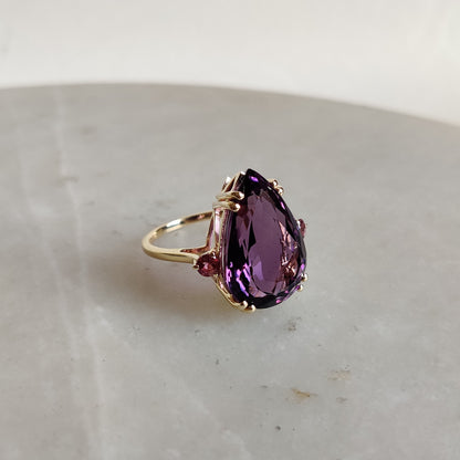 Natural Purple Amethyst & Pink Tourmaline Ring, 14K Solid Yellow Gold Ring, Amethyst Jewelry, Tourmaline Jewelry, February Birthstone